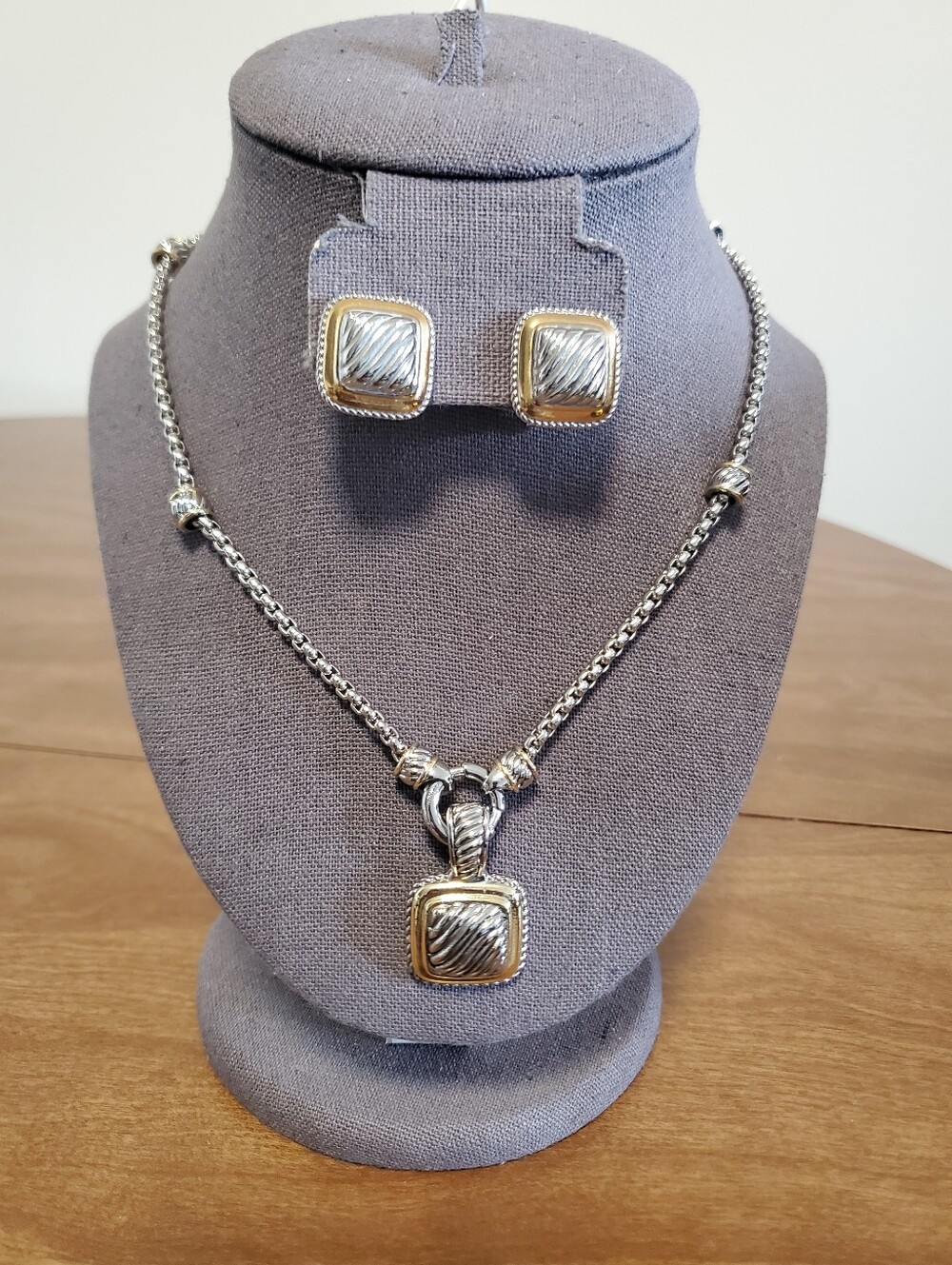 Two-Tone Silver and Gold Square Pendant Necklace and Stud Earrings Set
